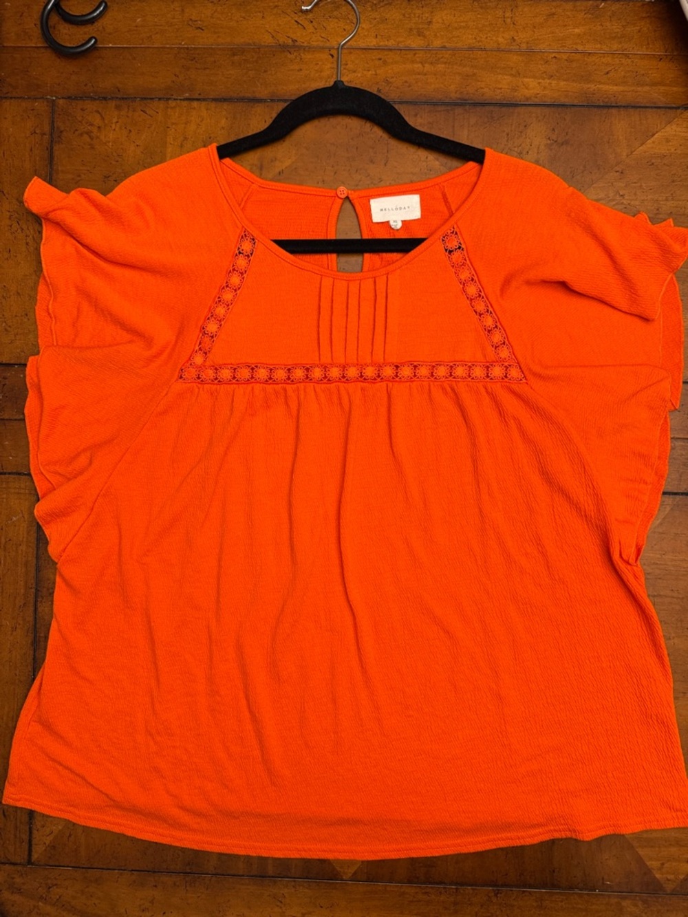 MELLODAY Bright Orange Women's Short Sleeve Knit Top with Lace Trim - XL